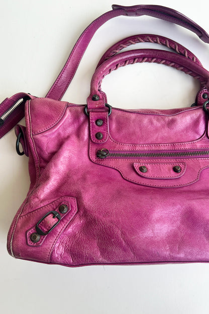 Vintage 2000s margenta distressed leather Balenciaga City bag