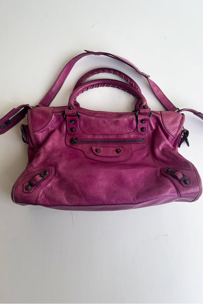 Vintage 2000s margenta distressed leather Balenciaga City bag