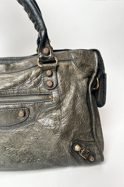Vintage 2000s Balenciaga le city bag in distressed grey leather and giant rose gold hardware
