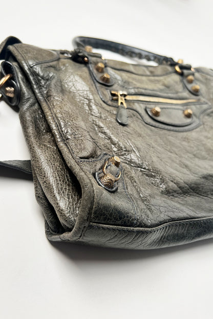 Vintage 2000s Balenciaga le city bag in distressed grey leather and giant rose gold hardware