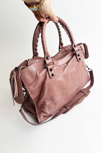 Vintage 2000s pale pink distressed leather Balenciaga City bag