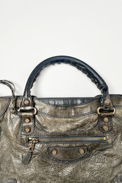 Vintage 2000s Balenciaga le city bag in distressed grey leather and giant rose gold hardware