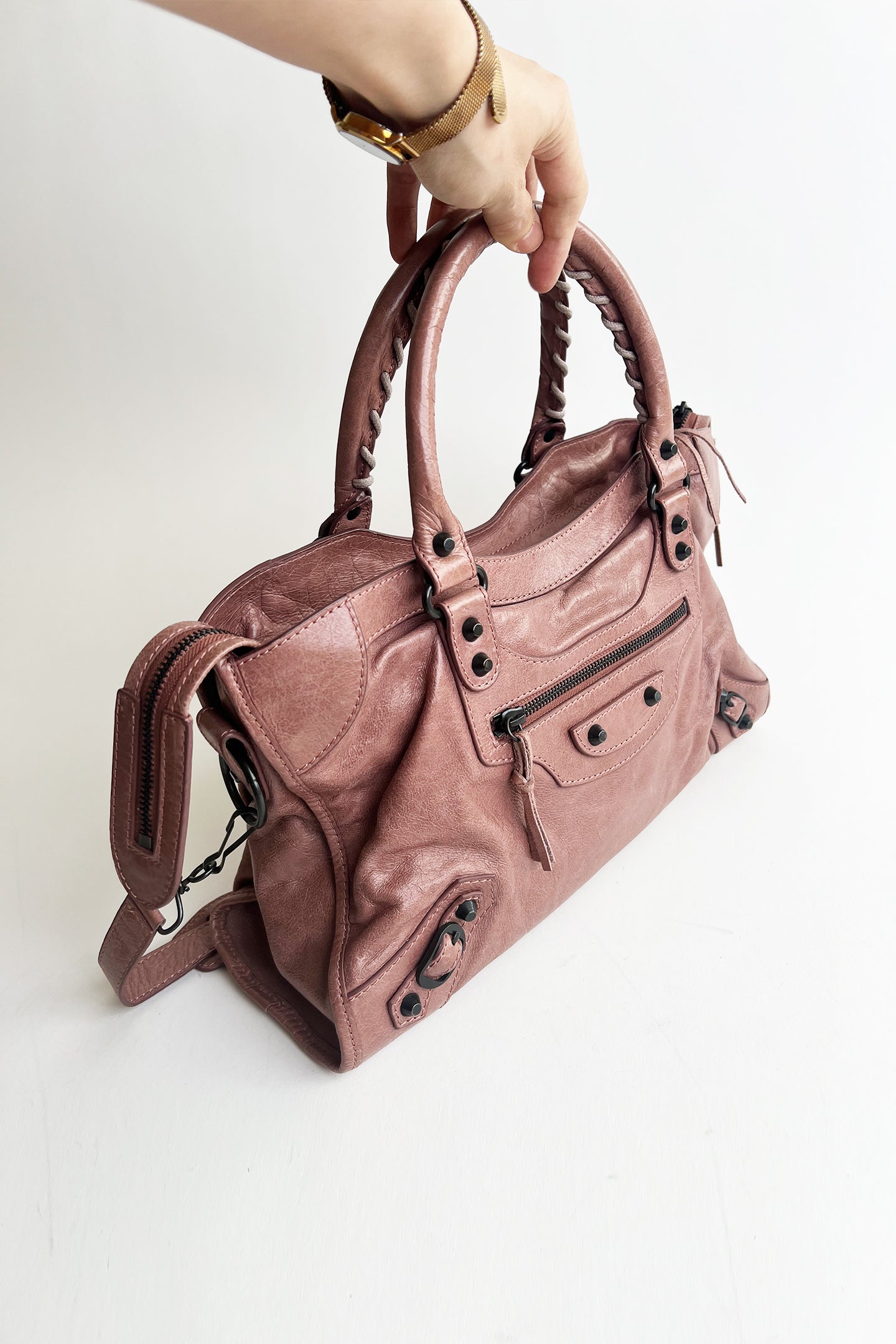 Vintage 2000s pale pink distressed leather Balenciaga City bag