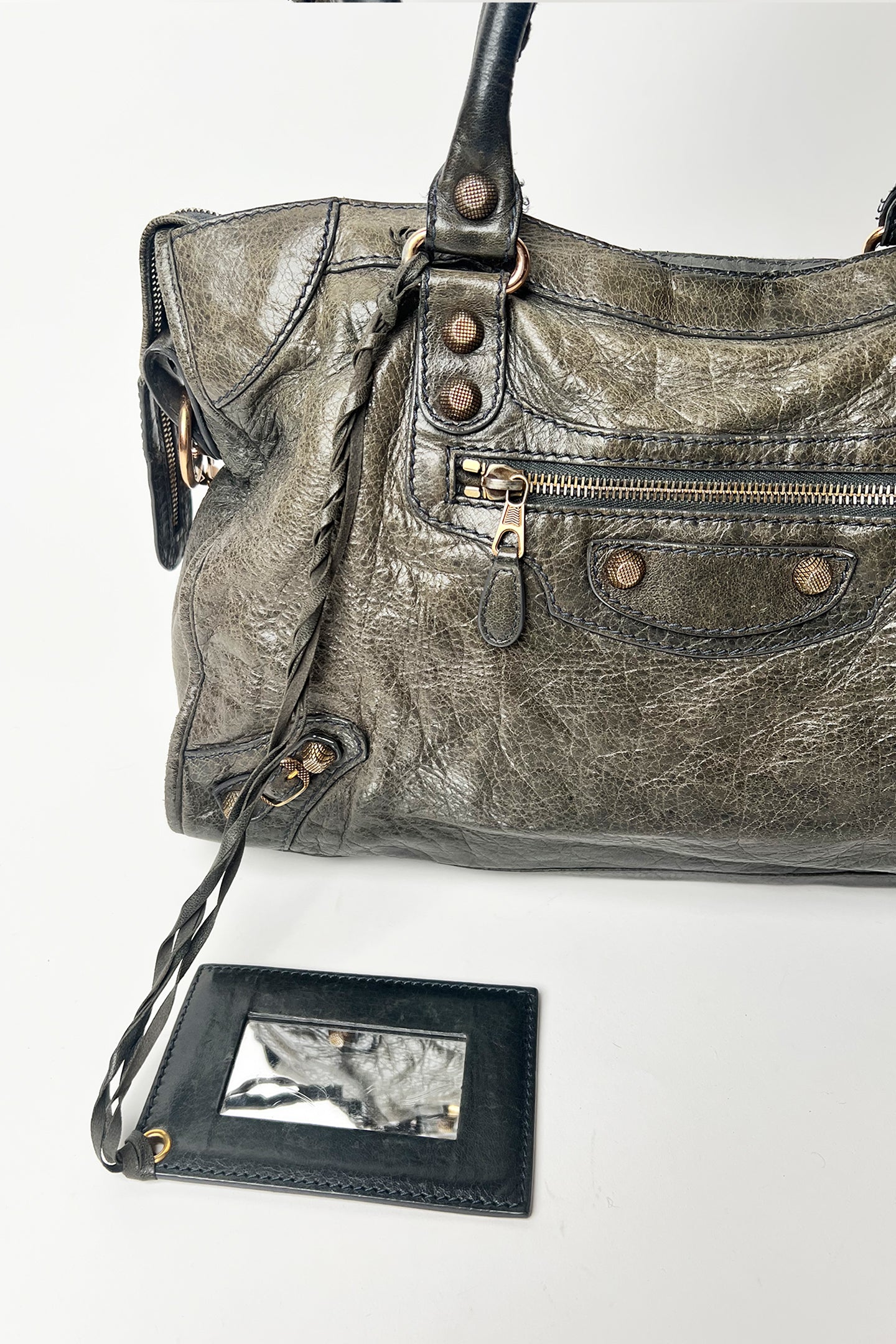 Vintage 2000s Balenciaga le city bag in distressed grey leather and giant rose gold hardware