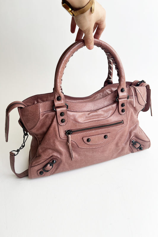 Vintage 2000s pale pink distressed leather Balenciaga City bag