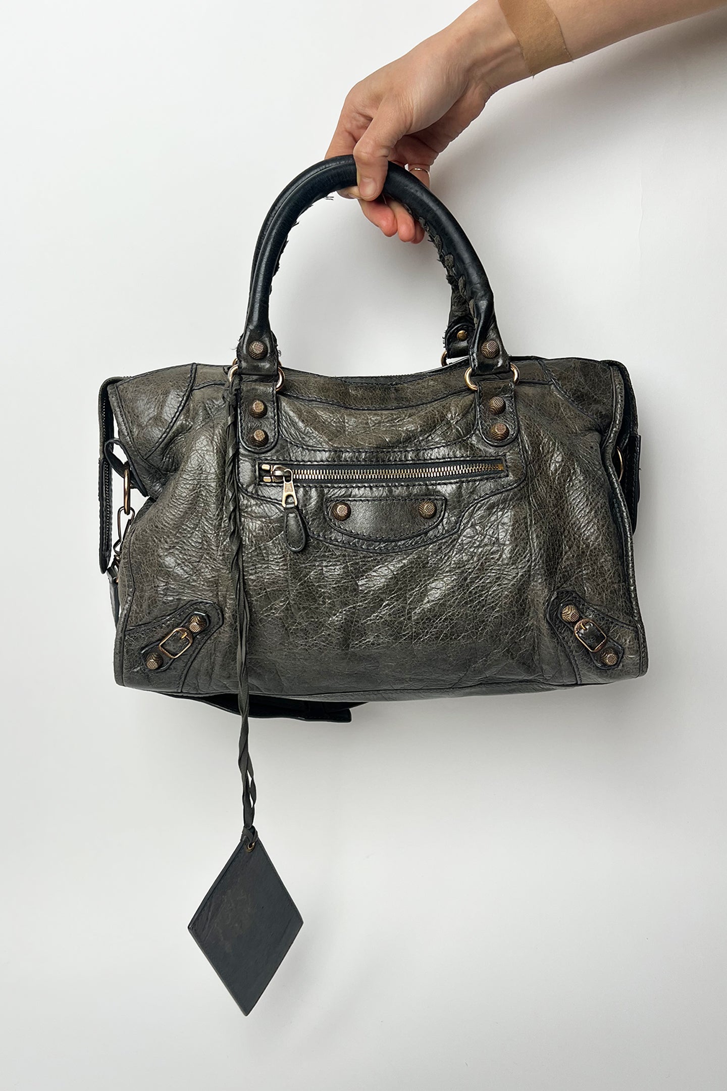 Vintage 2000s Balenciaga le city bag in distressed grey leather and giant rose gold hardware