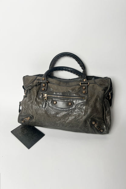 Vintage 2000s Balenciaga le city bag in distressed grey leather and giant rose gold hardware