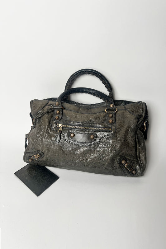 Vintage 2000s Balenciaga le city bag in distressed grey leather and giant rose gold hardware