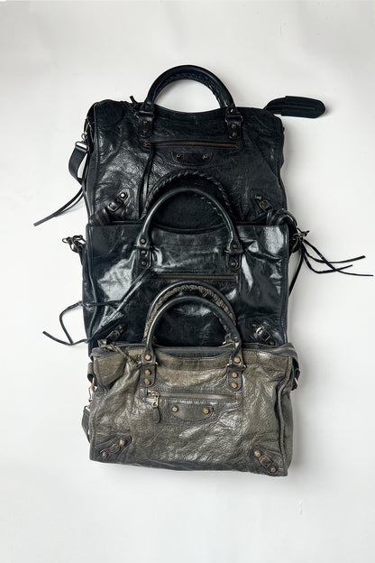 Vintage 2000s Balenciaga le city bag in distressed grey leather and giant rose gold hardware