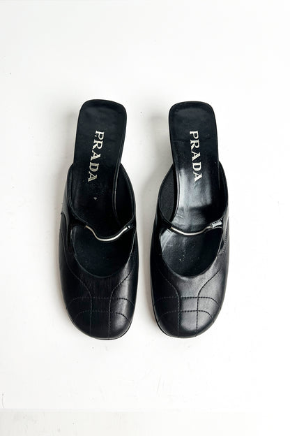 Vintage 90s Archive rare Prada sporty black mules with kitten heels