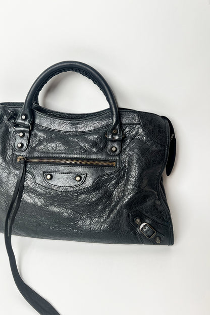 Vintage 2000s black distressed leather Balenciaga City bag