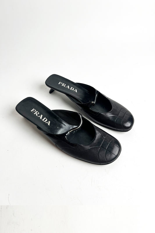 Vintage 90s Archive rare Prada sporty black mules with kitten heels