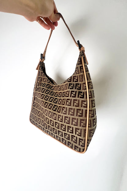 Vintage Fendi zucca print shoulder bag with pink leather trims